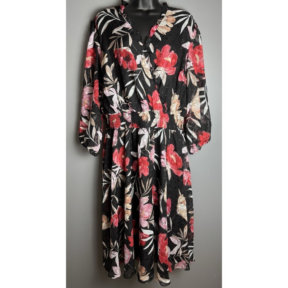 Lane Bryant Black Floral Chiffon Faux Wrap Midi Dress 3/4 Sheer Sleeves Smocked